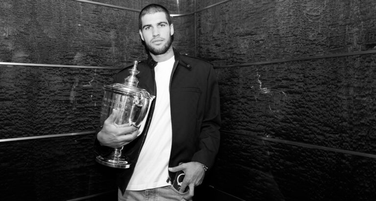 US Open 2025 Champion Carlos Alcaraz of Spain poses for a photo at the Rockefeller Center with the Men's Singles trophy following his victory over Jannik Sinner of Italy in the Men's Singles Final on September 08, 2025 in New York City. (Photo by Clive Brunskill/Getty Images)
