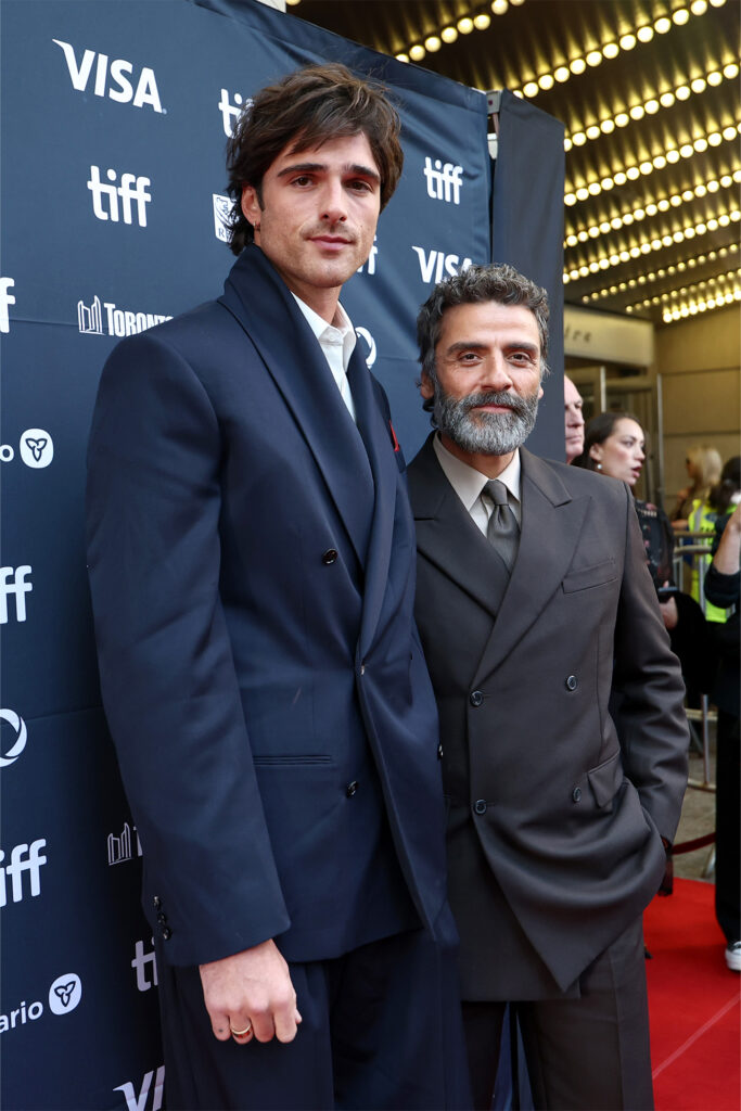 jacob elordi and oscar isaac at the premiere of frankenstein at tiff 2025