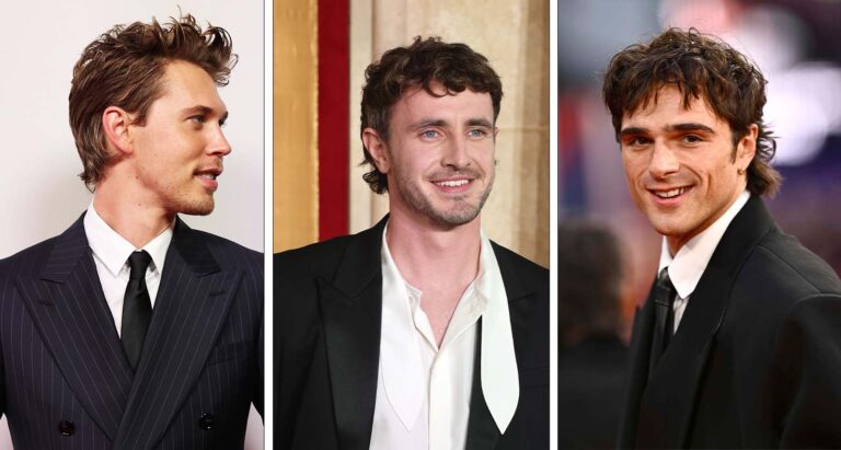 Austin Butler Jacob Elordi Paul Mescal collage of headshots men's mullet hairstyle. Photos from Getty.