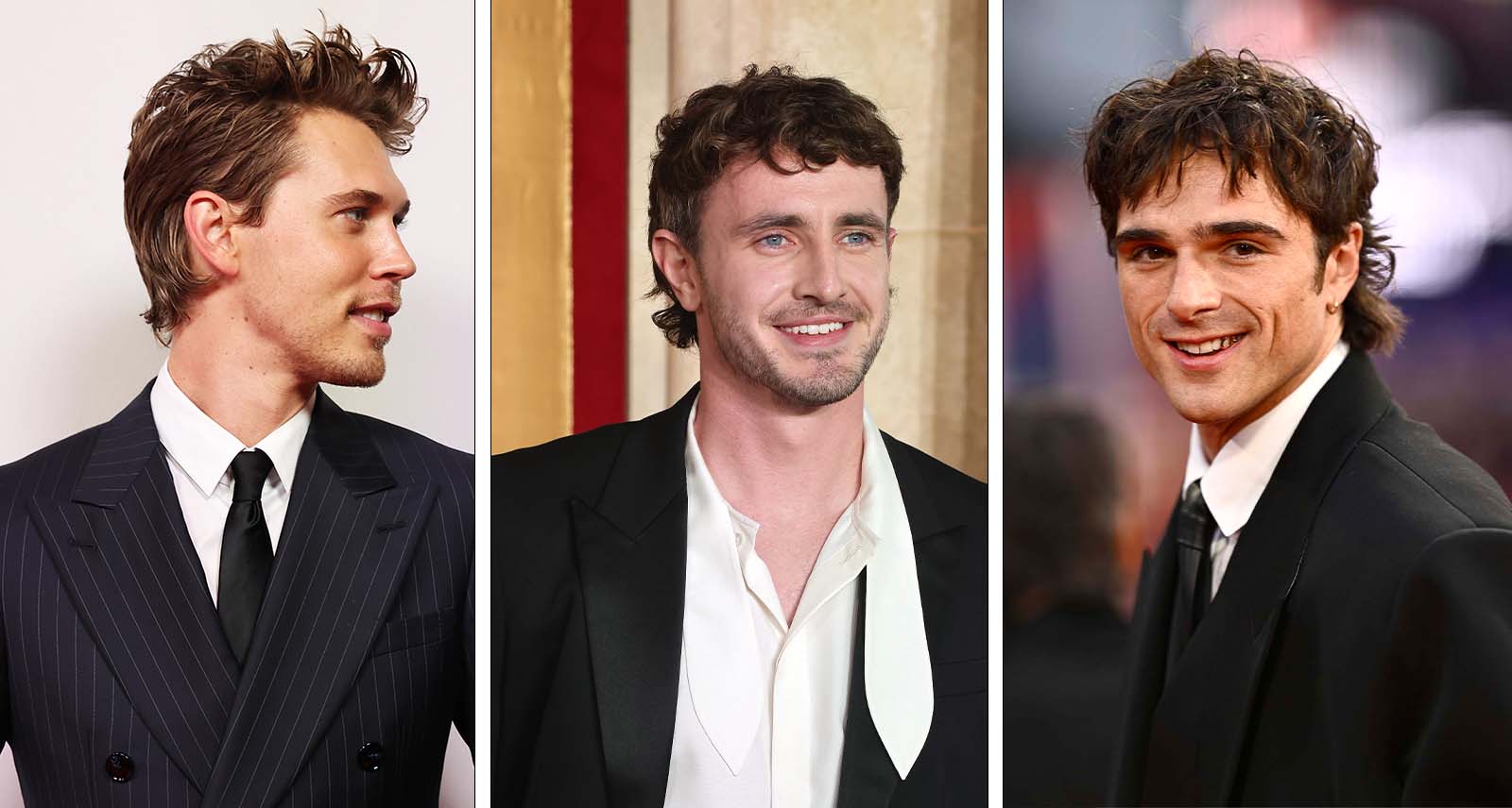 Austin Butler Jacob Elordi Paul Mescal collage of headshots men's mullet hairstyle. Photos from Getty.