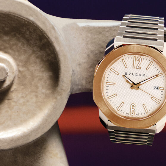 BVLGARI Steel and Gold men's watch. PHoto retrieved from SHARP November 2025.