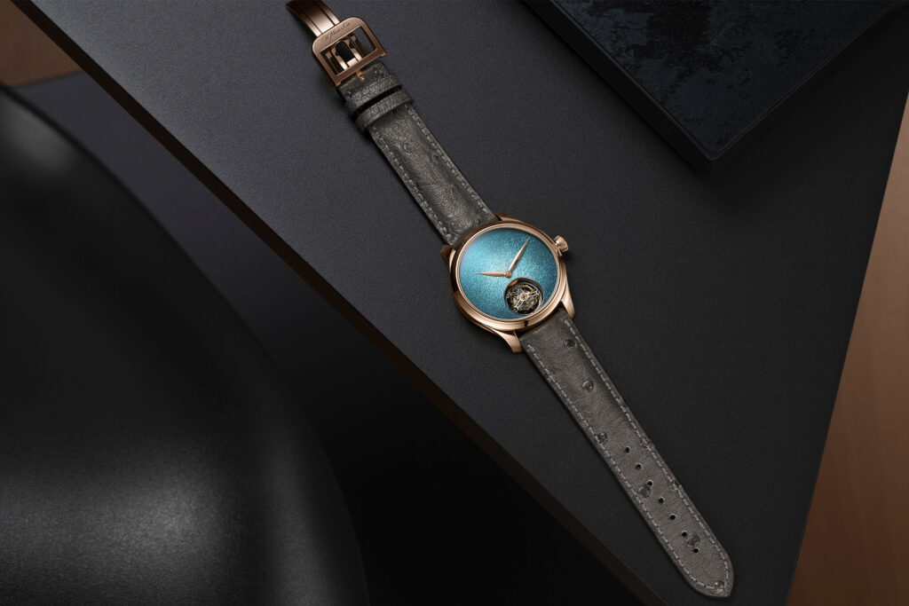 HMoser 1805 0400 Endeavour Tourbillon RG Concept Turquoise Enamel Lifestyle. Photo retrieved from The Book For Men Fall-Winter 2025, courtesy of H. Moser & Cie.