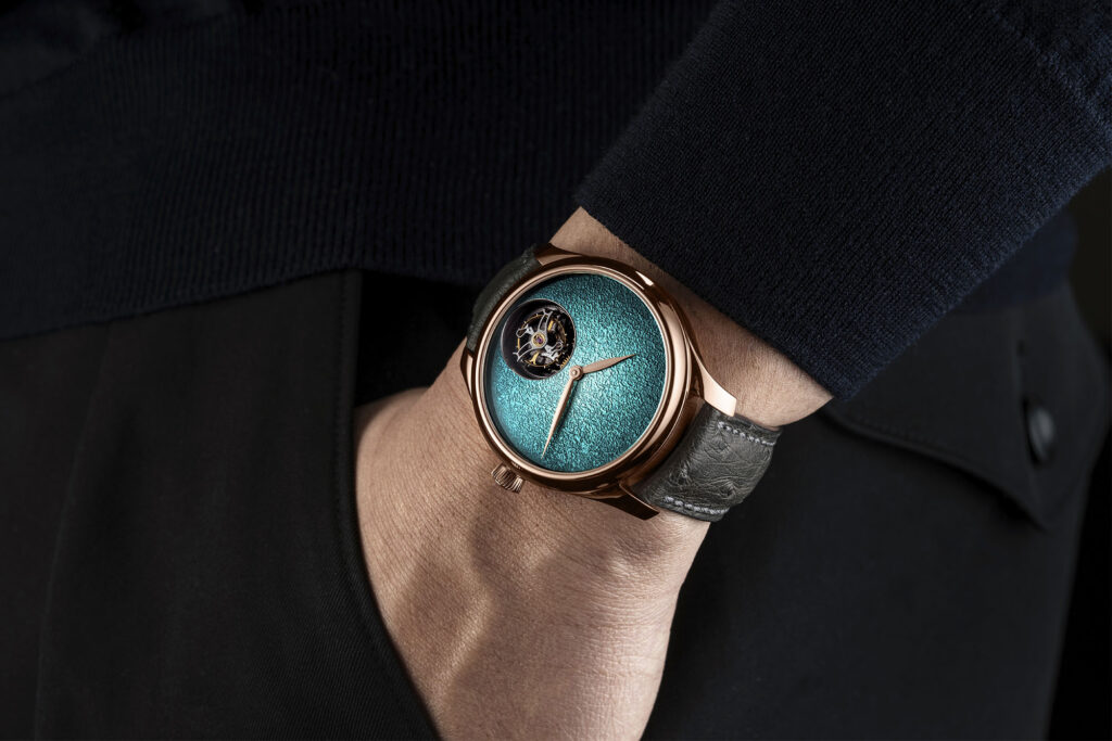 HMoser 1805 0400 Endeavour Tourbillon RG Concept Turquoise Enamel Wristshot Relaxed. Photo retrieved from The Book For Men Fall-Winter 2025, courtesy of H. Moser & Cie.