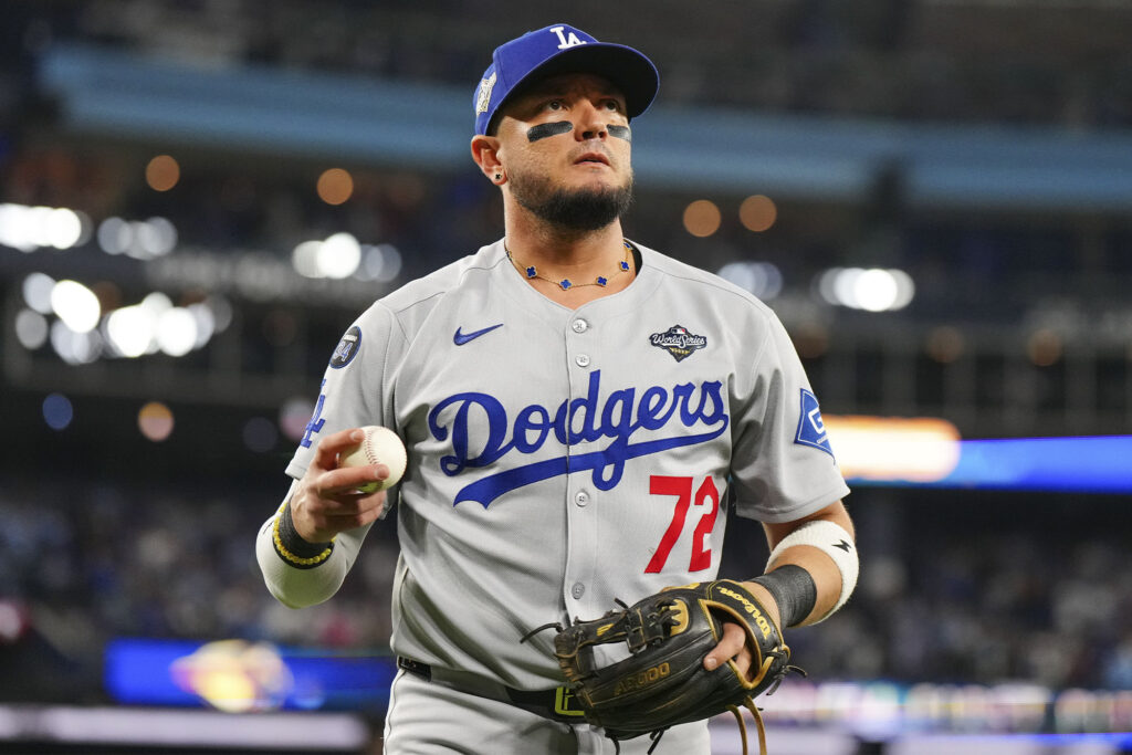 Miguel Rojas #72 of the Los Angeles Dodgers rounds the bases after hitting a game-tying solo home run in the ninth inning during Game Seven of the 2025 World Series presented by Capital One between the Los Angeles Dodgers and the Toronto Blue Jays at Rogers Centre on Saturday, November 1, 2025 in Toronto, Ontario, Canada. (Photo by Rob Tringali/MLB Photos via Getty Images)

