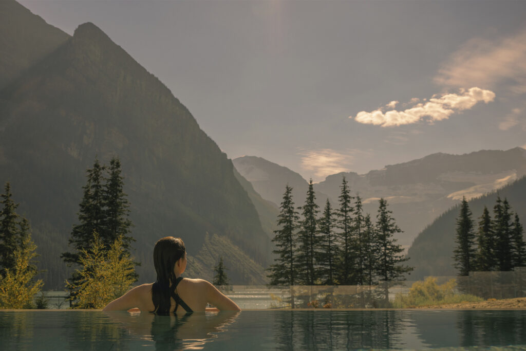 Vitality pool view at Fairmont Hotel Lake Louise spa, BASIN Glacial Waters. Photo courtesy of Fairmont Hotel Lake Louise.