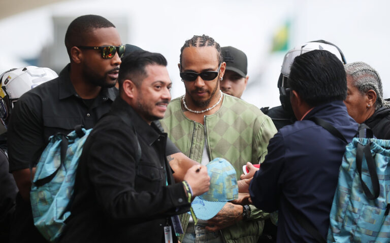 Lewis Hamilton of Great Britain and Scuderia Ferrari arrives in the Paddock prior to the F1 Grand Prix of Brazil at Autodromo Jose Carlos Pace on November 09, 2025 in Sao Paulo, Brazil. (Photo by Hector Vivas/Getty Images)