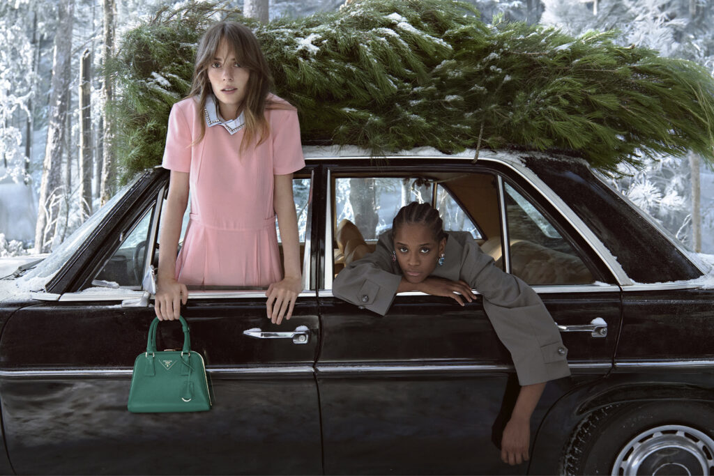 Prada Holiday Collection campaign video with Damson Idris, Louis Partridge and Maya Hawke, Winter 2025. Image courtesy of Prada.