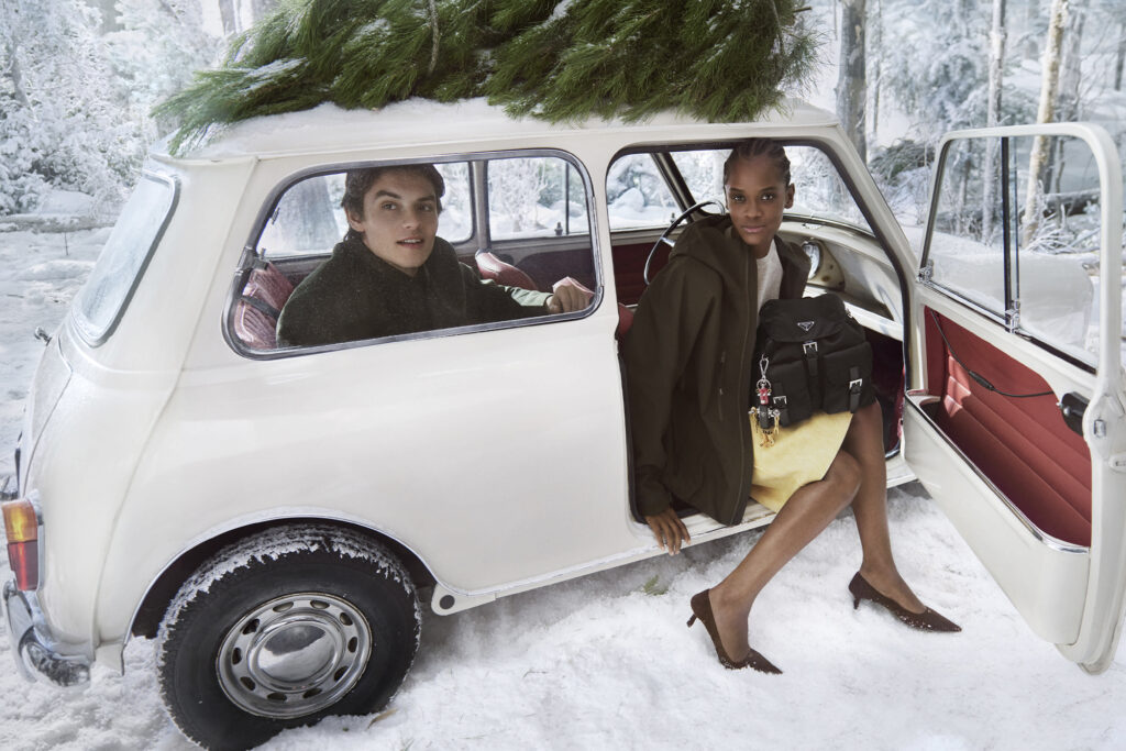 Prada Holiday Collection campaign video with Damson Idris, Louis Partridge and Maya Hawke, Winter 2025. Image courtesy of Prada.