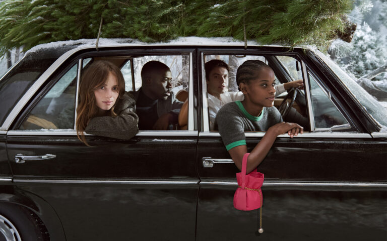 Prada Holiday Collection campaign video with Damson Idris, Louis Partridge and Maya Hawke, Winter 2025. Image courtesy of Prada.