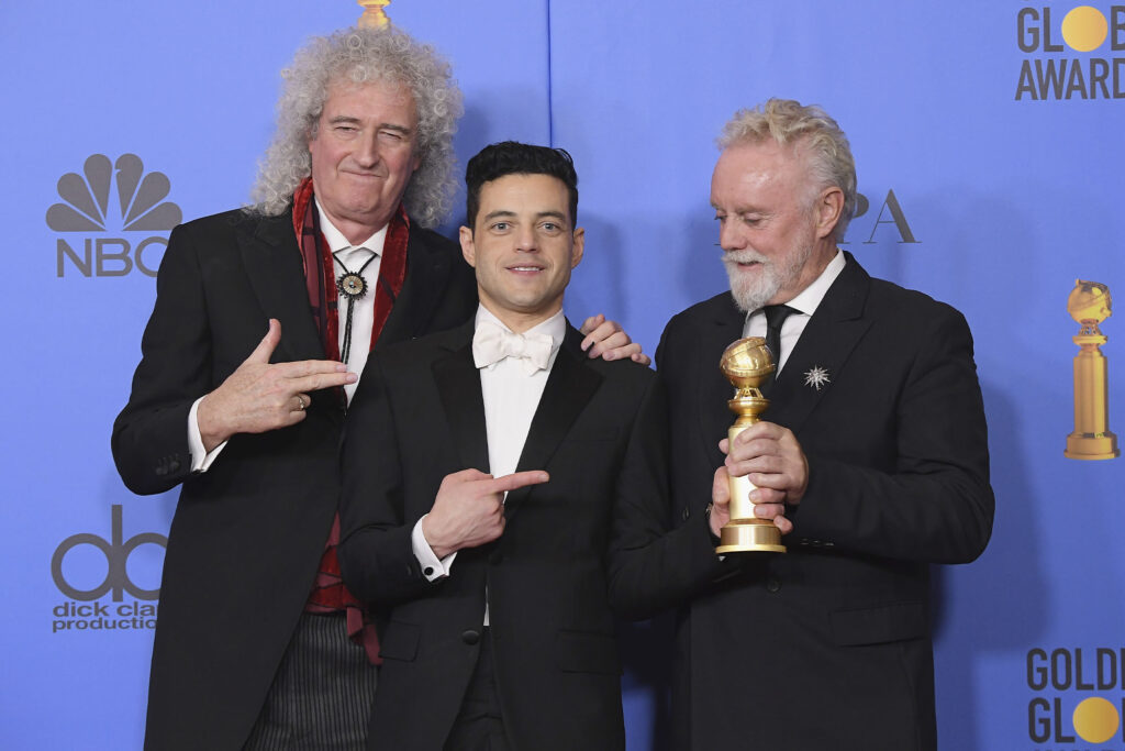 Rami Malek (C) with Brian May (L) and Roger Taylor (R) of Queen pose in the press room during the 76th Annual Golden Globe Awards at The Beverly Hilton Hotel on January 6, 2019 in Beverly Hills, California. (Photo by Steve Granitz/WireImage)