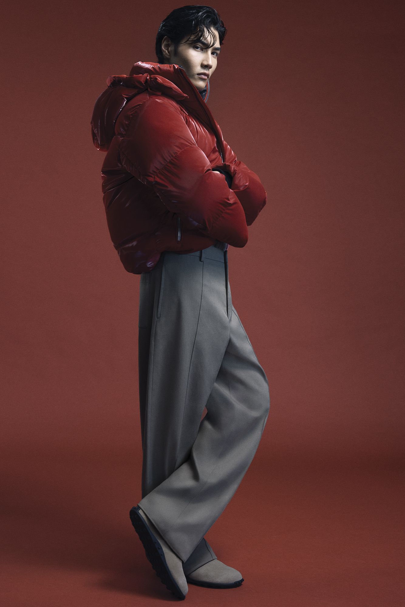 Suzuki Kai men's style photoshoot shoot fashion trends for men. COAT ($990) BY MACKAGE; PANTS ($1,375) AND SHOES ($1,225) BY HERMÈS.