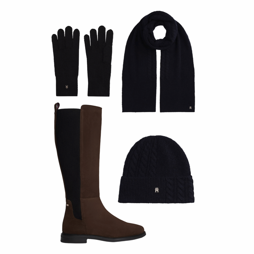 Tommy Hilfiger products, left to right: Knee-High Suede Boot – Legacy Brown, Mixed Knit Wool-Blend Beanie – Black, Wool-Blend Gloves – Black, ixed Knit Wool-Blend Scarf – Black. PHotos courtesy of Tommy Hilfiger