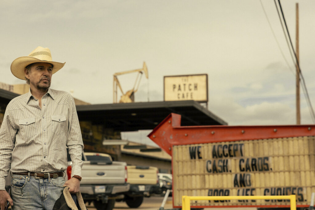 Landman Season Two Interview with Ali Larter and Billy Bob Thornton. Still from "Landman" series, courtesy of Paramount.