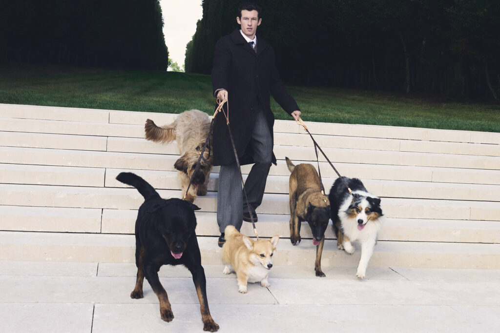 Calum Turner walks five dogs in a photo for LOUIS VUITTON MEN'S SS26 PRECOLLECTION DOG ACCESSORIES. PHOTO COURTESY OF LOUIS VUITTON.