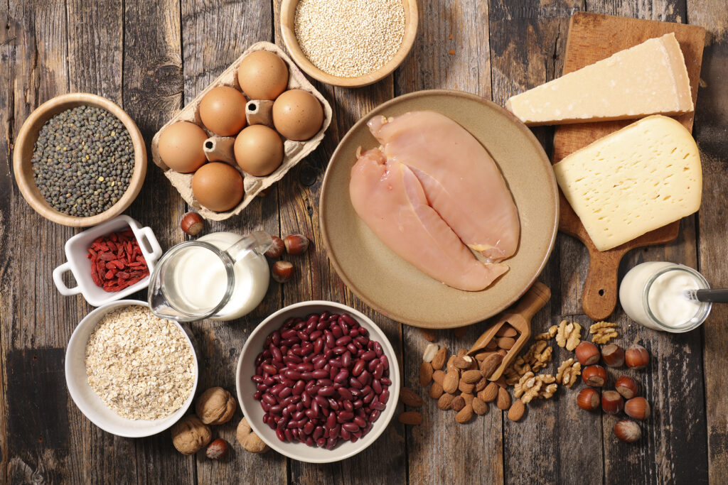 aeriel view of several foods that are natural sources of protein: eggs, seeds, cheese, meat, fish.