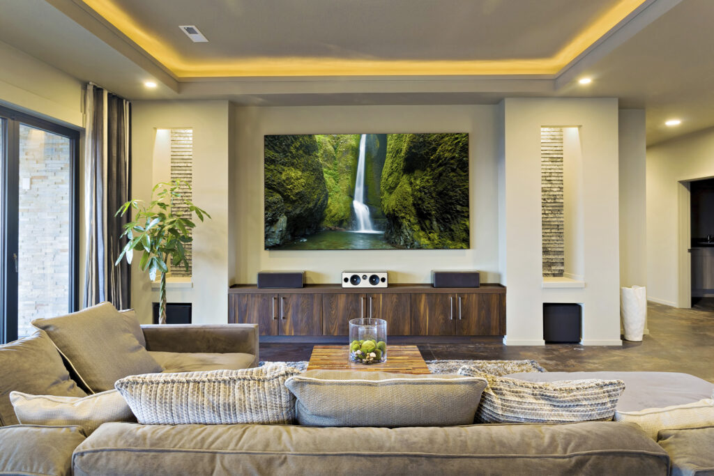 modern living room with television for at-home movie viewing