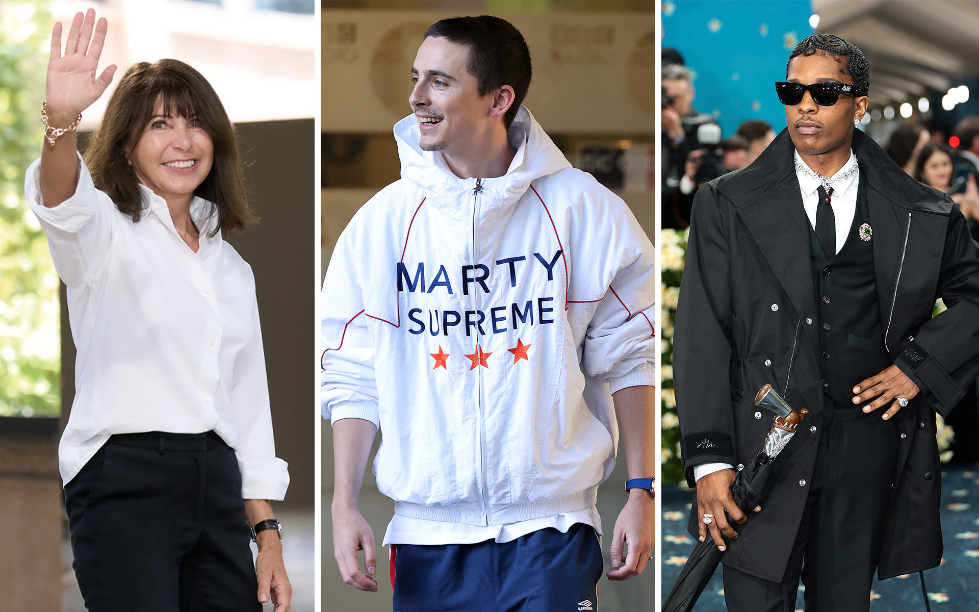 the top fashion moments of 2025. LEft to right: VERONIQUE NICHANIAN, timothee chalamet, a$ap rocky