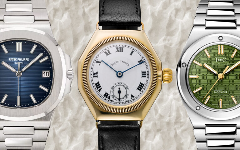 Collage of three watches. Left to right: Patek Philippe Nautilus, Rolex oyster octagonal, IWC Ingenieur