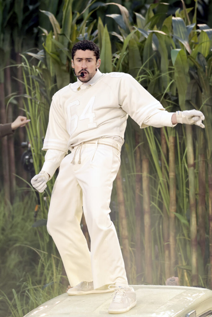 Bad Bunny performs at the Super Bowl Halftime show wearing adidas BadBo 1.0.