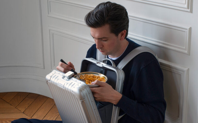 Nicholas Braun with RIMOWA Original Backpack. Photo courtesy of RIMOWA.