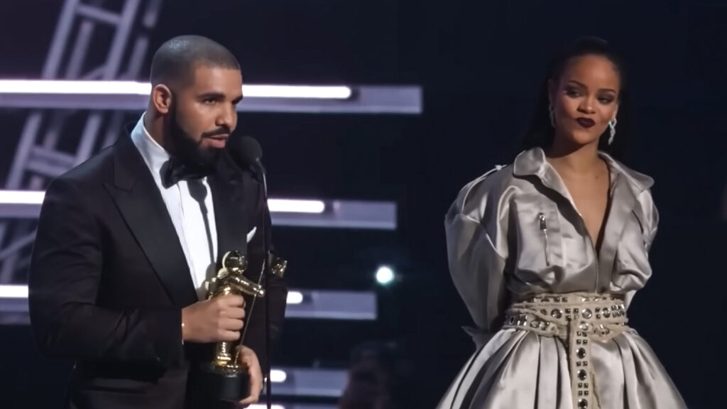 Drake and Rihanna screenshot of the 2016 VMAs video uploaded by mtv