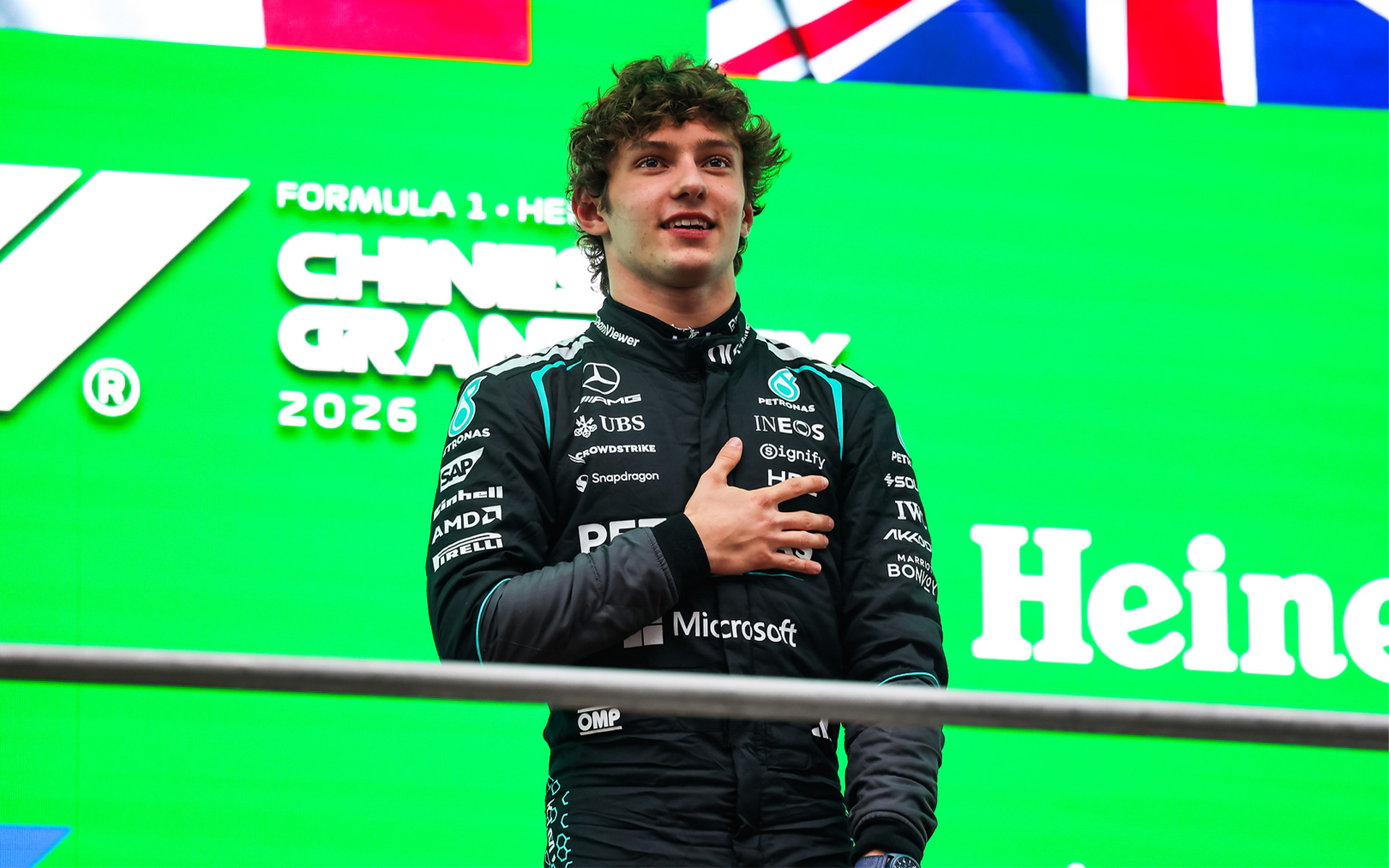 Chinese Grand Prix, Sunday, Jiri Krenek KIMI ANTONELLI Andrea (ita), Mercedes AMG F1 Team W16, portrait celebrating victory on the podium during the Formula 1 Heineken Chinese Grand Prix 2026, 2nd round of the 2026 Formula One World Championship from March 13 to 15, 2026 on the Shanghai International Circuit, in Shanghai, China - Photo Florent Gooden / DPPI