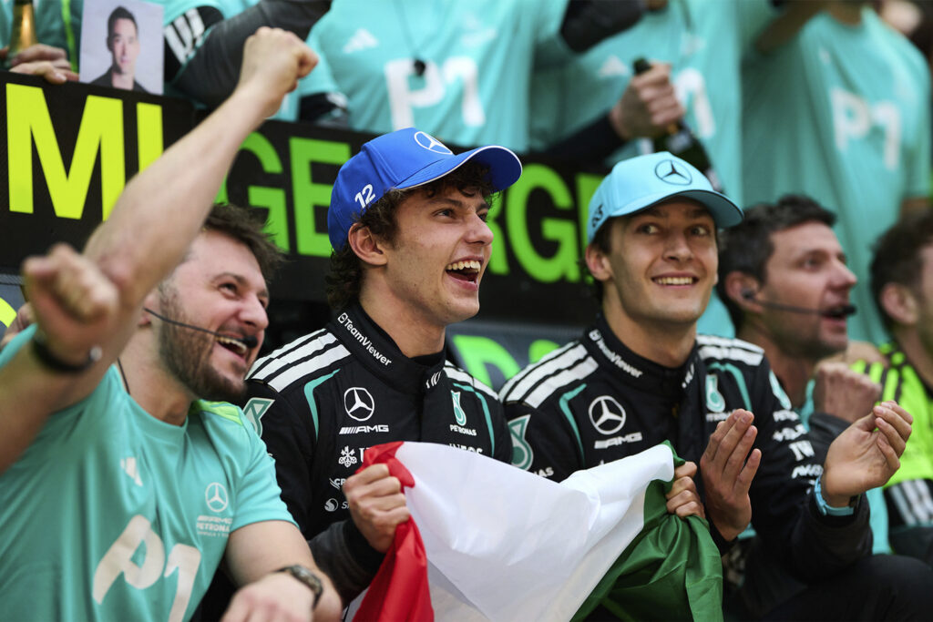 Chinese Grand Prix, Sunday, Getty Images SHANGHAI, CHINA - MARCH 15: Race winner Andrea Kimi Antonelli of Italy and Mercedes AMG Petronas F1 Team Second placed George Russell of Great Britain and Mercedes AMG Petronas F1 Team and the Mercedes AMG Petronas F1 Team celebrate during the F1 Grand Prix of China at Shanghai International Circuit on March 15, 2026 in Shanghai, China. (Photo by Guido De Bortoli/LAT Images)