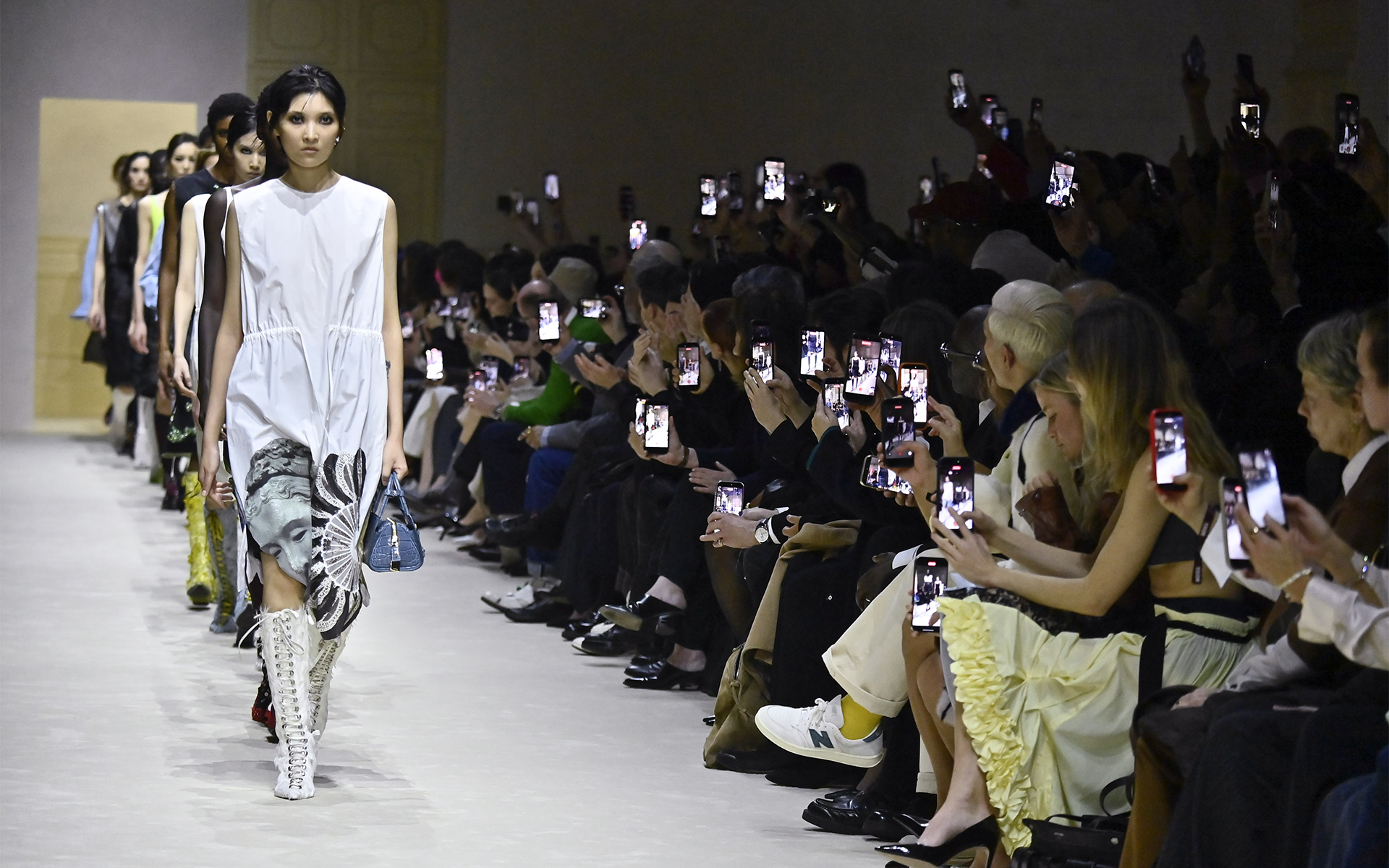 MILAN, ITALY - FEBRUARY 26: A model walks the runway at the Prada Ready to Wear Fall/Winter 2026/2027 fashion show during the Milan Fashion Week on February 26, 2026 in Milan, Italy. (Photo by Victor VIRGILE/Gamma-Rapho via Getty Images)