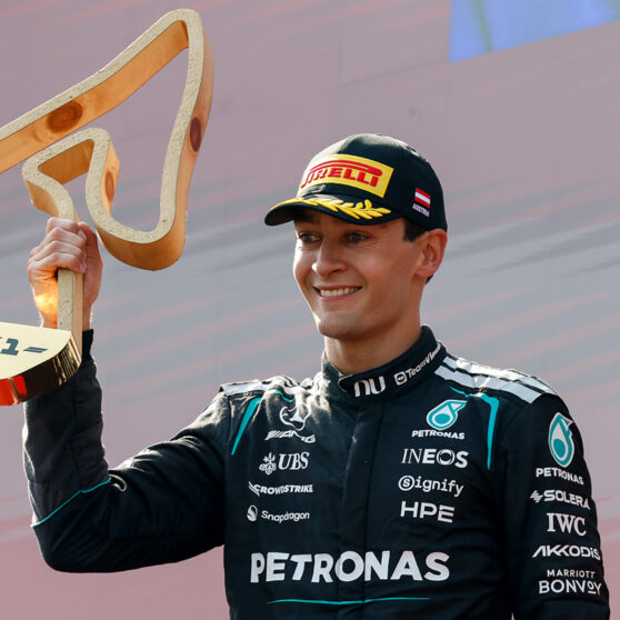 Austrian Grand Prix, Saturday, Wolfgang Wilhelm RUSSELL George (gbr), Mercedes AMG F1 Team W17, portrait podium celebration during the Formula 1 Austrian Grand Prix 2026, 8th round of the 2026 Formula One World Championship from June 26 to 28, 2026 on the Red Bull Ring, in Spielberg, Austria - Photo Alberto Vimercati / DPPI