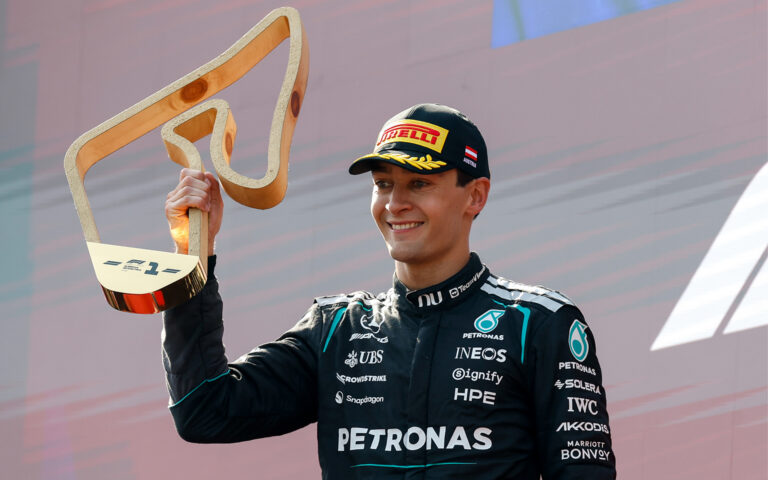 Austrian Grand Prix, Saturday, Wolfgang Wilhelm RUSSELL George (gbr), Mercedes AMG F1 Team W17, portrait podium celebration during the Formula 1 Austrian Grand Prix 2026, 8th round of the 2026 Formula One World Championship from June 26 to 28, 2026 on the Red Bull Ring, in Spielberg, Austria - Photo Alberto Vimercati / DPPI