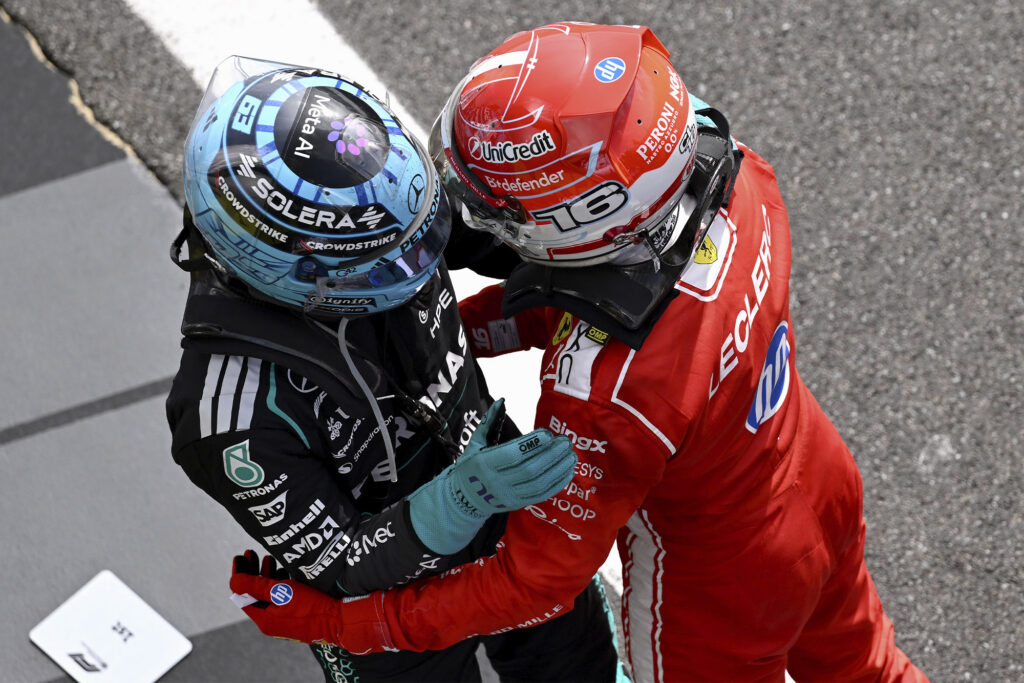 GEORGE RUSSELL AND CHARLES LECLERC, 2026 British GP. PHOTO COURTESY OF Formula One - Mercedes-AMG PETRONAS F1 Team.