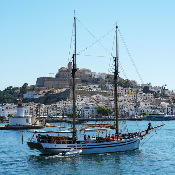 IBIZA, SPAIN - MAY 28: A sailing ship on the water during the E1 Ibiza Showrun 2026 presented by Bombay Sapphire on May 28, 2026 in Ibiza, Spain. (Photo by Alex Bierens de Haan/Getty Images for E1 Series)
