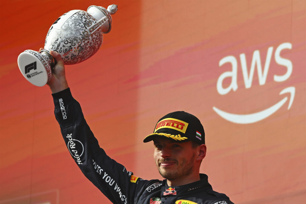 Second placed Max Verstappen of the Netherlands and Oracle Red Bull Racing lifts his trophy on the podium during the F1 Grand Prix of Hungary at Hungaroring on July 26, 2026 in Budapest, Hungary. (Photo by Rudy Carezzevoli/Getty Images)