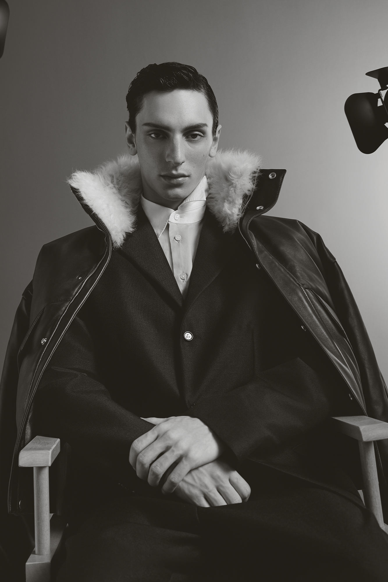 JACKET (PRICE UPON REQUEST), BLAZER ($3,700), SHIRT ($1,200), PANTS ($1,650), BY BOTTEGA VENETA.