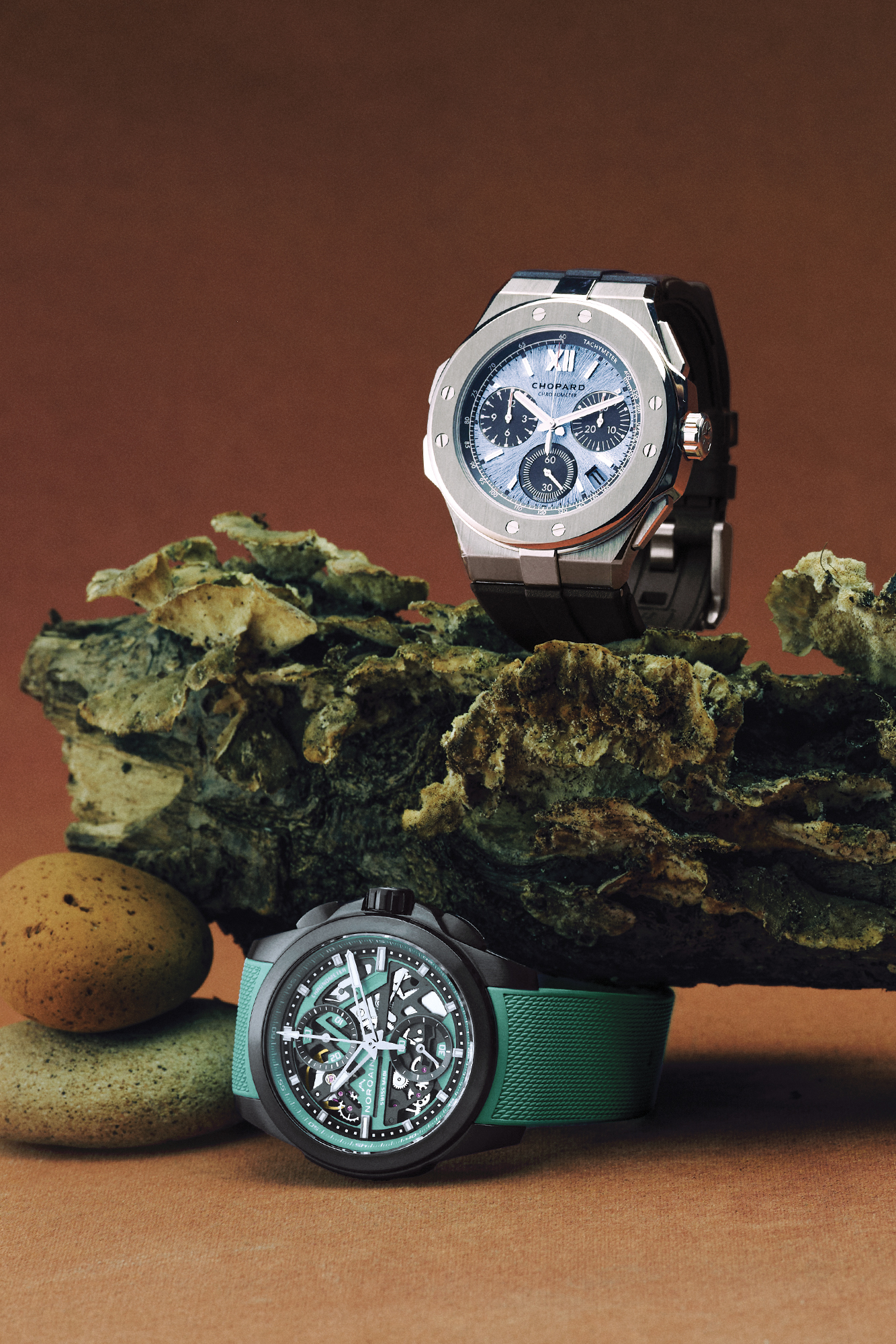 CHOPARD ALPINE EAGLE XL CHRONO, $36,300. NORQAIN INDEPENDENCE SKELETON CHRONO, $10,290.