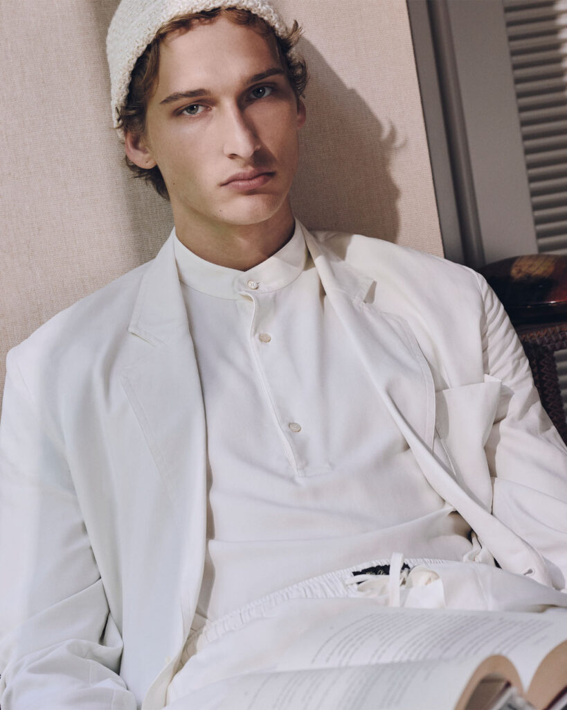 JACKET ($4,850), SHIRT ($2,010), PANTS ($2,340), AND BEANIE ($590) BY LORO PIANA.