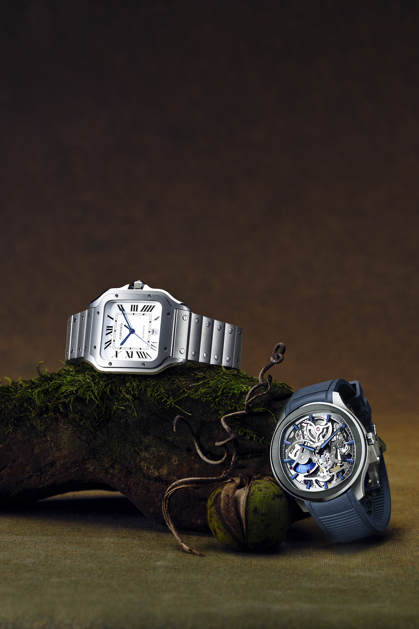 SANTOS DE CARTIER, LARGE MODEL, $15,500. PIAGET POLO SKELETON, $61,500.