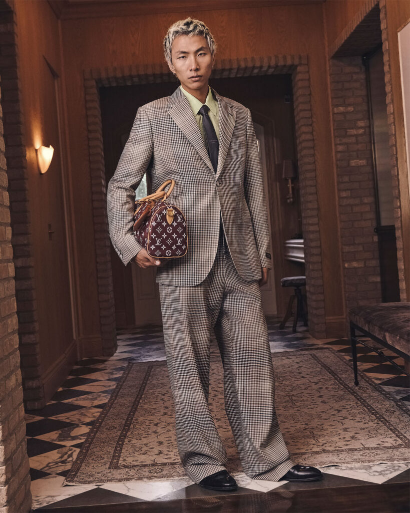 JACKET ($4,600), SHIRT ($1,790), PANTS ($1,960), TIE ($360), SHOES ($2,350), AND BAG (PRICE UPON REQUEST) BY LOUIS VUITTON MEN’S.
