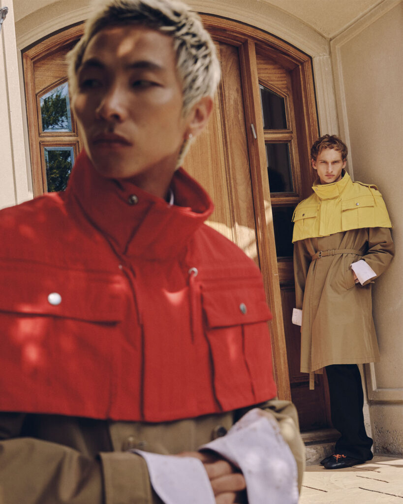 LEFT: JACKET ($5,700), CAPELET ($5,000), AND SHIRT ($2,850) BY PRADA.
RIGHT: JACKET ($5,700), CAPELET ($5,000), SHIRT ($2,850), PANTS ($3,350),
AND SHOES ($1,750) BY PRADA.
