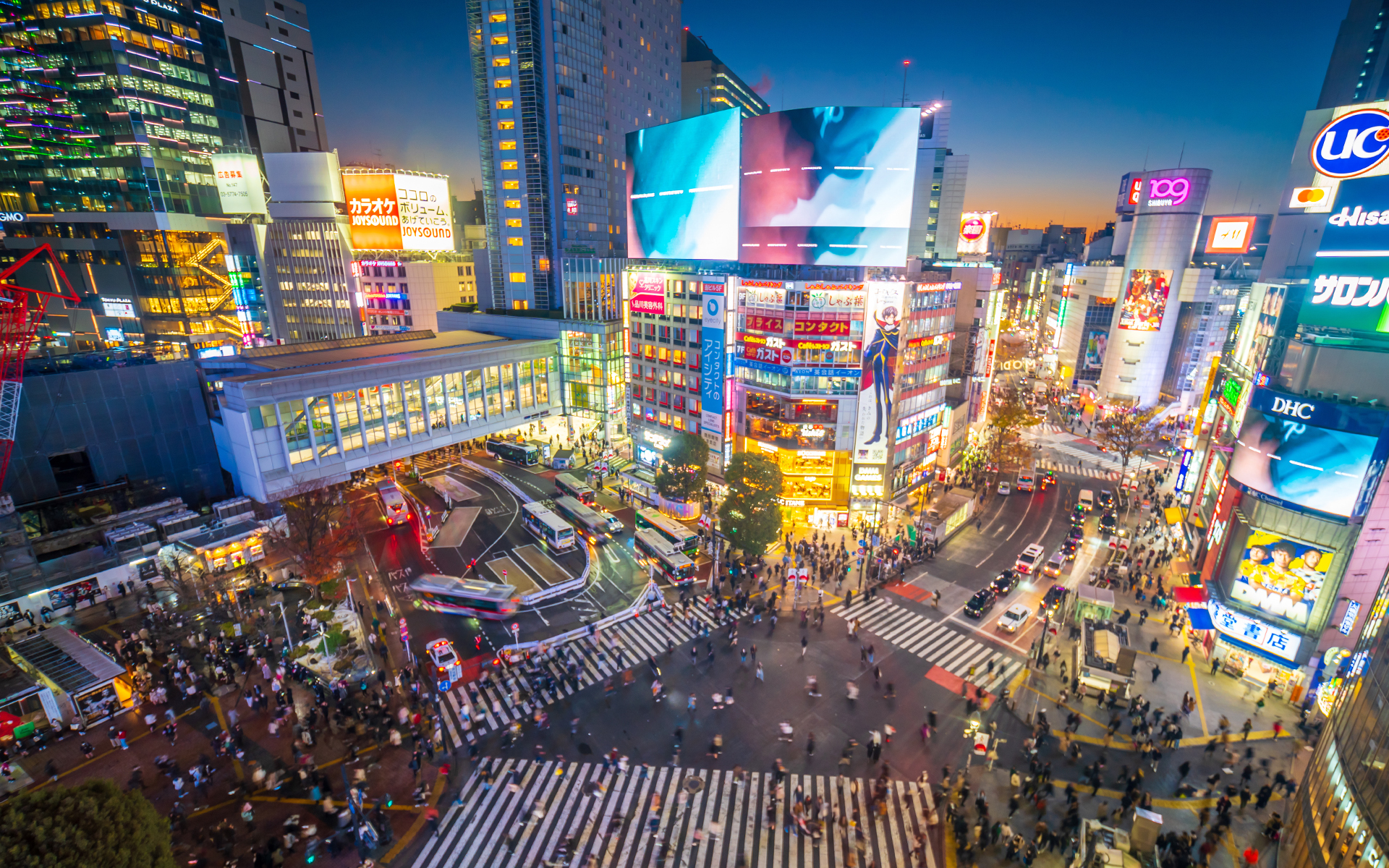 f11photo Shibuya Crossing from top view at twilight in Tokyo