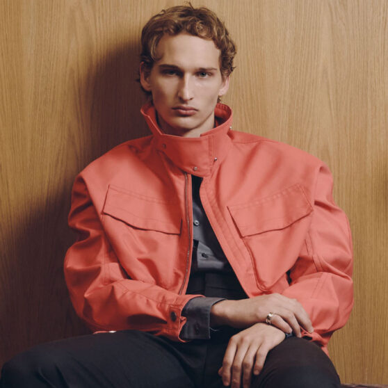 STYLE MANUAL: PHOTOGRAPHY BY JULIEN CADENA. MODELS: GUI (ELITE MODELS). STYLING BY JACLYN BONAVOTA (CADRE ARTIST MANAGEMENT). GROOMING BY CAROLINE LEVIN (P1M). STYLIST ASSISTANT: VANESSA LIPANI. PHOTO ASSISTANT: LOGAN ALLMENDIGER. JACKET ($6,750), TANK TOP ($1,200), SHIRT ($2,075), PANTS ($1,725), AND BOOTS ($2,475) BY HERMÈS; RING ($7,950) BY BVLGARI.